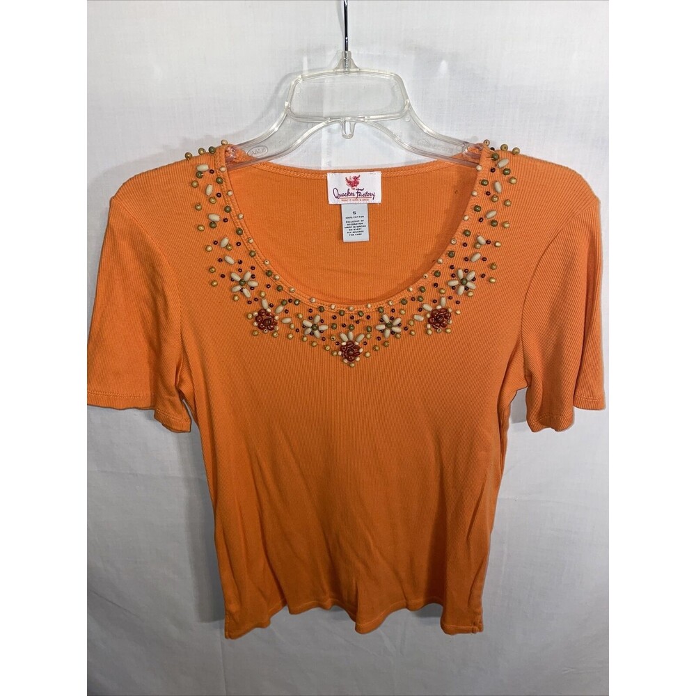 Quacker Factory Casual Shirt Women’s Size Small Orange Beaded Short Slv Cotton